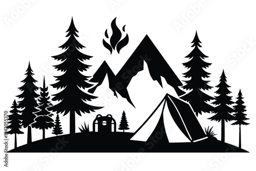 camping silhouette line art vector illustration with a white background