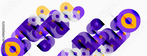 Abstract typography features colorful, layered letterforms. Design utilizes purple, yellow, white, blue hues. Modern aesthetic, bold presentation.