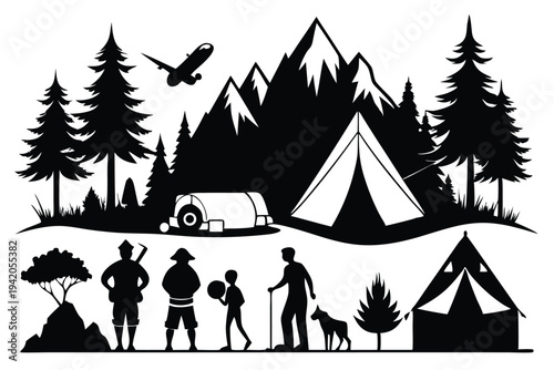 camping silhouette line art vector illustration with a white background