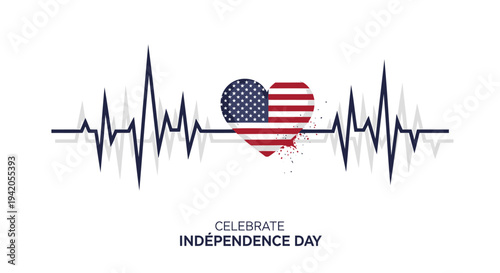 American Independence Day vector icon with heart and ECG line