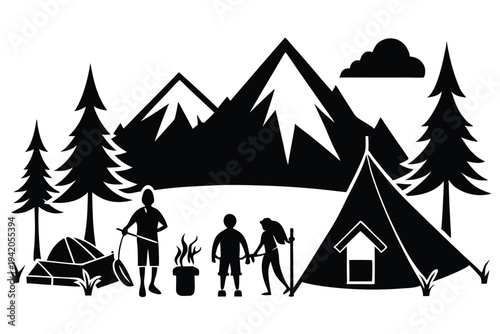 camping silhouette line art vector illustration with a white background
