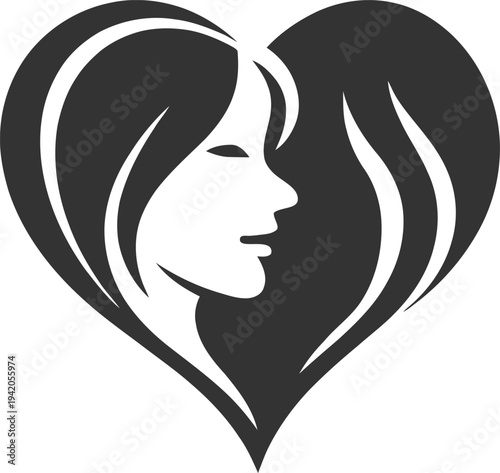 Elegant woman face silhouette inside heart shape. Perfect for beauty salons, spa centers, skincare brands, cosmetics companies and feminine businesses.