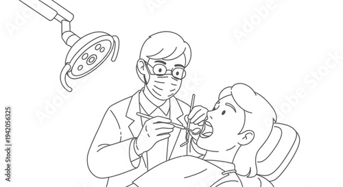 The dentist examines the patient's mouth with a bright overhead light.