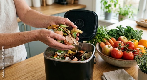 Person composting food scraps in kitchen, reducing waste and promoting sustainable living at home