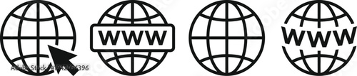 Four globe icons with varying web address displays and a pointer