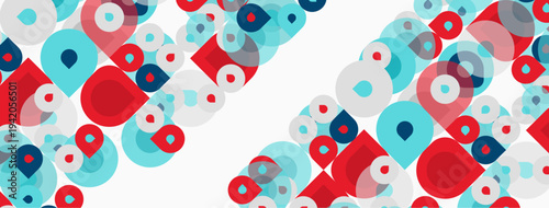 Abstract pattern features circles, squares. Red, blue hues dominate white background. Diagonal lines create dynamic visual texture.