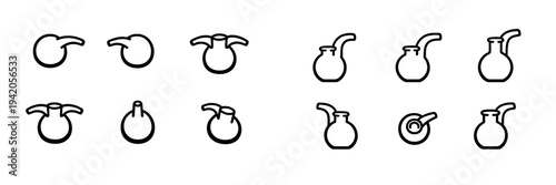 Collection of laboratory retort flask icons in various perspectives and angles for chemistry and science research concepts