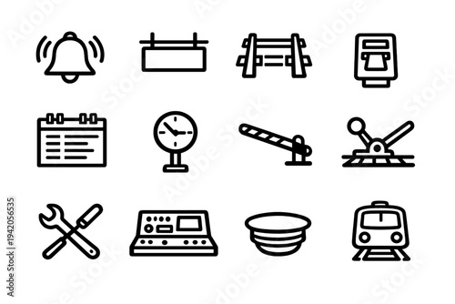 Set of railway station and train travel icons including clock bell ticket machine schedule crossing gate and locomotive front view