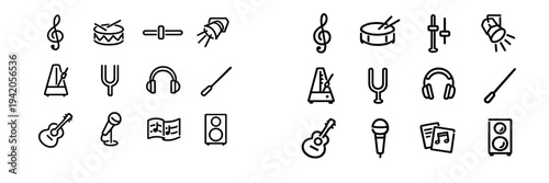 Set of music and audio equipment icons including guitar microphone headphones and musical notes on white background