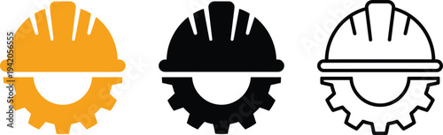 Three stylized illustrations of hard hats in different colors and line styles