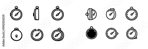 Set of black and white stopwatch icons showing different angles and perspectives for time measurement and speed tracking