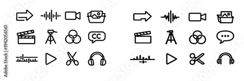 Minimalist black line video editing and film production icon set featuring camera audio and multimedia symbols on white background