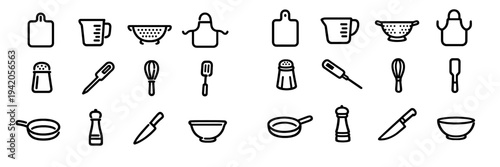 Collection of kitchen utensils and cooking tools icons including knife whisk frying pan and cutting board on white background