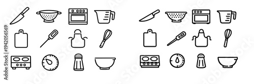 Kitchen utensils and cooking equipment line icons set including knife oven whisk and apron on white background