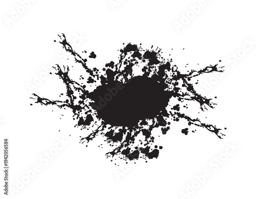 Large Black Ink Splatter with Textured Splays Isolated on White Background
