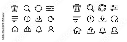 Minimalist black line user interface icon set for mobile apps and website design including search home profile and settings symbols