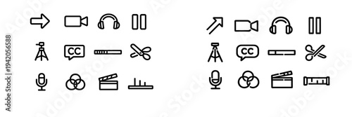 Set of video editing and multimedia production line icons including camera headphones microphone and clapperboard symbols