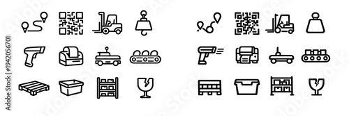 Logistics and warehouse management line icons set featuring forklift barcode scanner pallet conveyor belt and shipping symbols