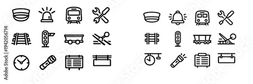 Set of railway and train station line icons including locomotive tracks signal light conductor hat and maintenance tools on white background
