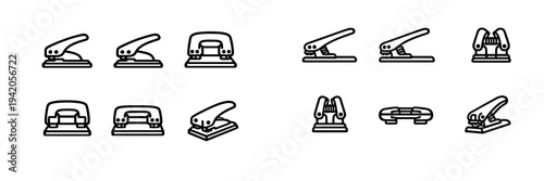 Collection of hole puncher icons in various styles and angles for stationery and business supply design concepts