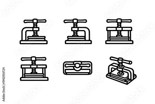 Collection of manual bookbinding screw press line icons for traditional bookmaking and vintage printing workshop equipment