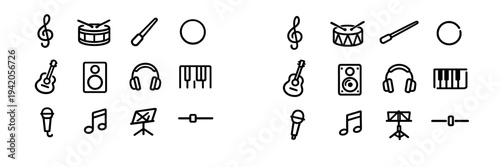 Set of minimalist music and audio equipment line icons including guitar headphones microphone and musical notes on white background