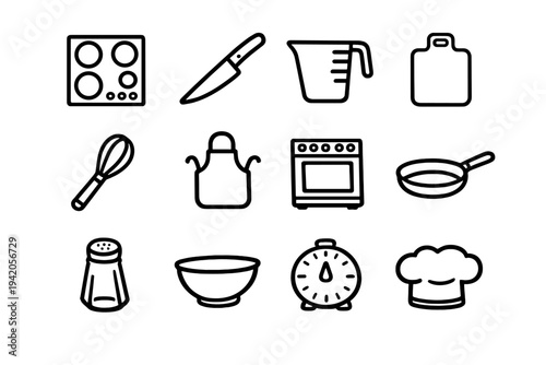 Kitchen and cooking icons featuring stove knife measuring cup cutting board whisk apron oven pan salt shaker bowl timer and chef hat