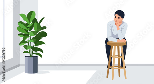 Woman Sitting on Stool Looking Down.
