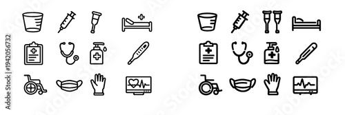 Medical and healthcare icon set featuring syringe stethoscope thermometer wheelchair and hospital bed symbols on white background