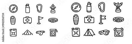 Camping and hiking equipment line icons set featuring compass tent first aid kit water bottle sleeping bag and outdoor survival gear