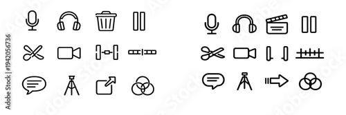 Video editing and multimedia production line icon set featuring microphone headphones scissors tripod and clapperboard symbols
