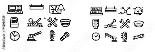 Railway and train station line icon set featuring control panel signal light crossing gate conductor hat and maintenance tools