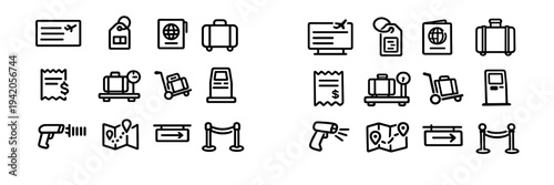Travel and airport service line icons set including passport suitcase boarding pass luggage scale and map for tourism industry