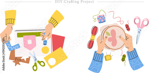 DIY Crafting Project Top Down View Scrapbooking Embroidery Flat Vector