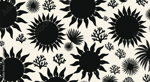 Set of black sunflowers and floral silhouettes vector pattern