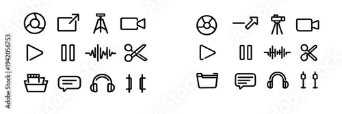 Minimalist black line icons for multimedia video editing and audio production interface design on white background