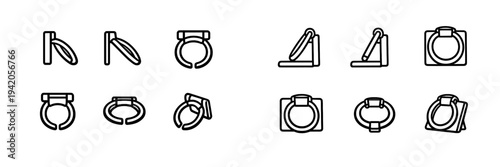 Set of minimalist line icons representing mobile phone ring holders and finger grips for smartphones from various angles