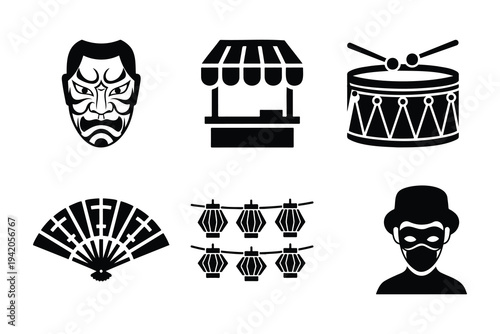 Asian traditional culture festival and theater icon set. Vector. Collection of Japanese cultural icons including a mask a stall a drum a fan lanterns and a performer.