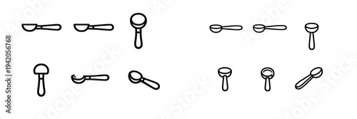 Minimalist black line icons of kitchen measuring spoons and scoops from multiple perspectives on a white background