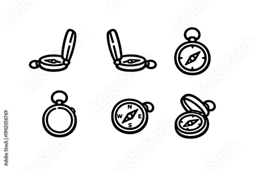 Minimalist black and white compass icons showing different angles and orientations for adventure and mapping projects
