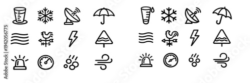 Weather and meteorology outline icons set featuring snowflake umbrella lightning wind and barometer symbols on white background