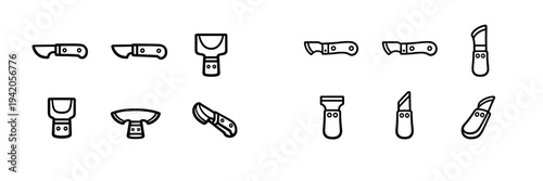 Collection of leatherworking knife icons including head knives and skiving tools for leather craft and shoemaking on white background