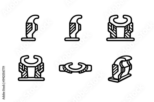 Set of futuristic industrial mechanical clip icons and technical hardware components for engineering and sci-fi design projects