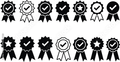 Collection of black and white ribbons and badges with checkmarks and stars