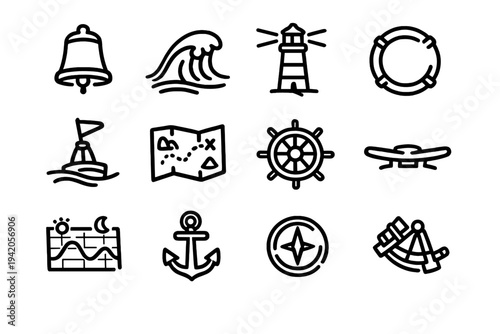 Set of nautical and maritime icons featuring anchor lighthouse compass ship wheel treasure map wave and lifebuoy on white background
