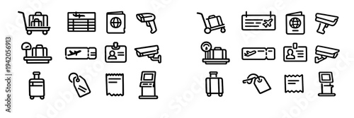 Collection of airport service and travel icons including suitcase passport boarding pass security camera and luggage scale symbols