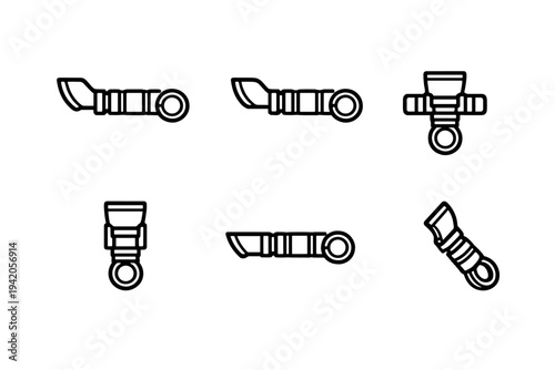Set of futuristic handle icons with ring details and mechanical components for gaming and interface design elements on white background