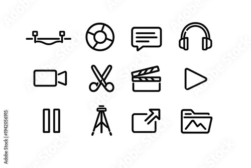 Minimalist black line icons for video production and film editing including camera tripod clapperboard and headphones on white background
