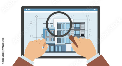 Hands Holding Magnifying Glass Over Blueprint.