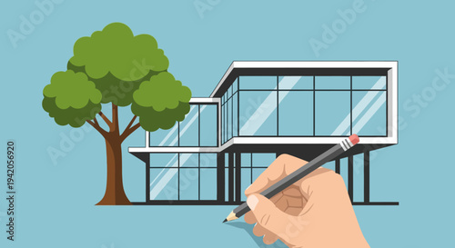 Hand Holding Pencil Drawing Modern House.